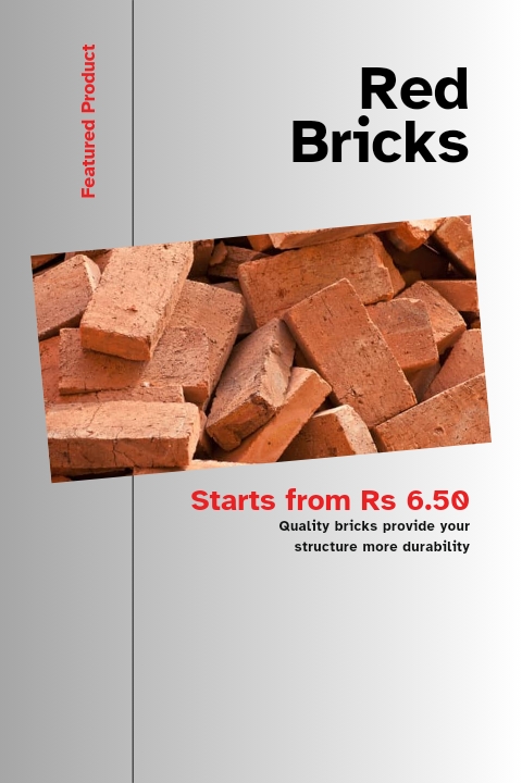 Banner image featuring neatly stacked red bricks with bold text displaying Red Bricks Starting Price Rs. 6.5' against a minimalist background, designed for a construction or building materials website